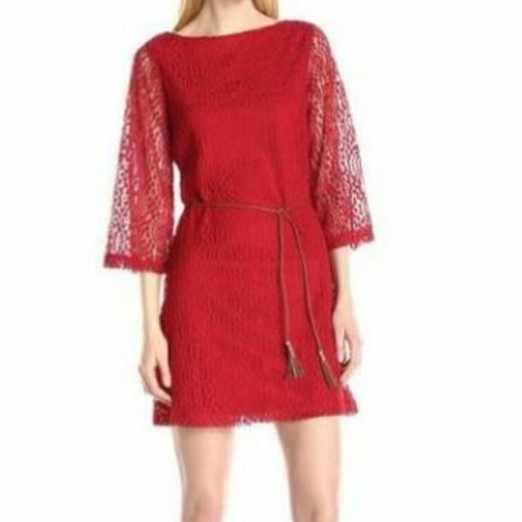 Sharagano Dresses & Skirts - 𝅺SHARAGANO Bell Sleeve Red Overlay Lace Dress